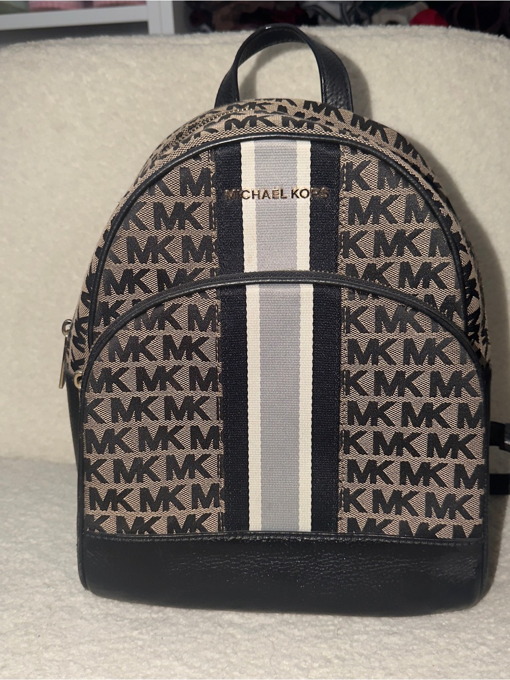 Michael Kors Black & Beige MK Monogram Mini Backpack with White Stripe
